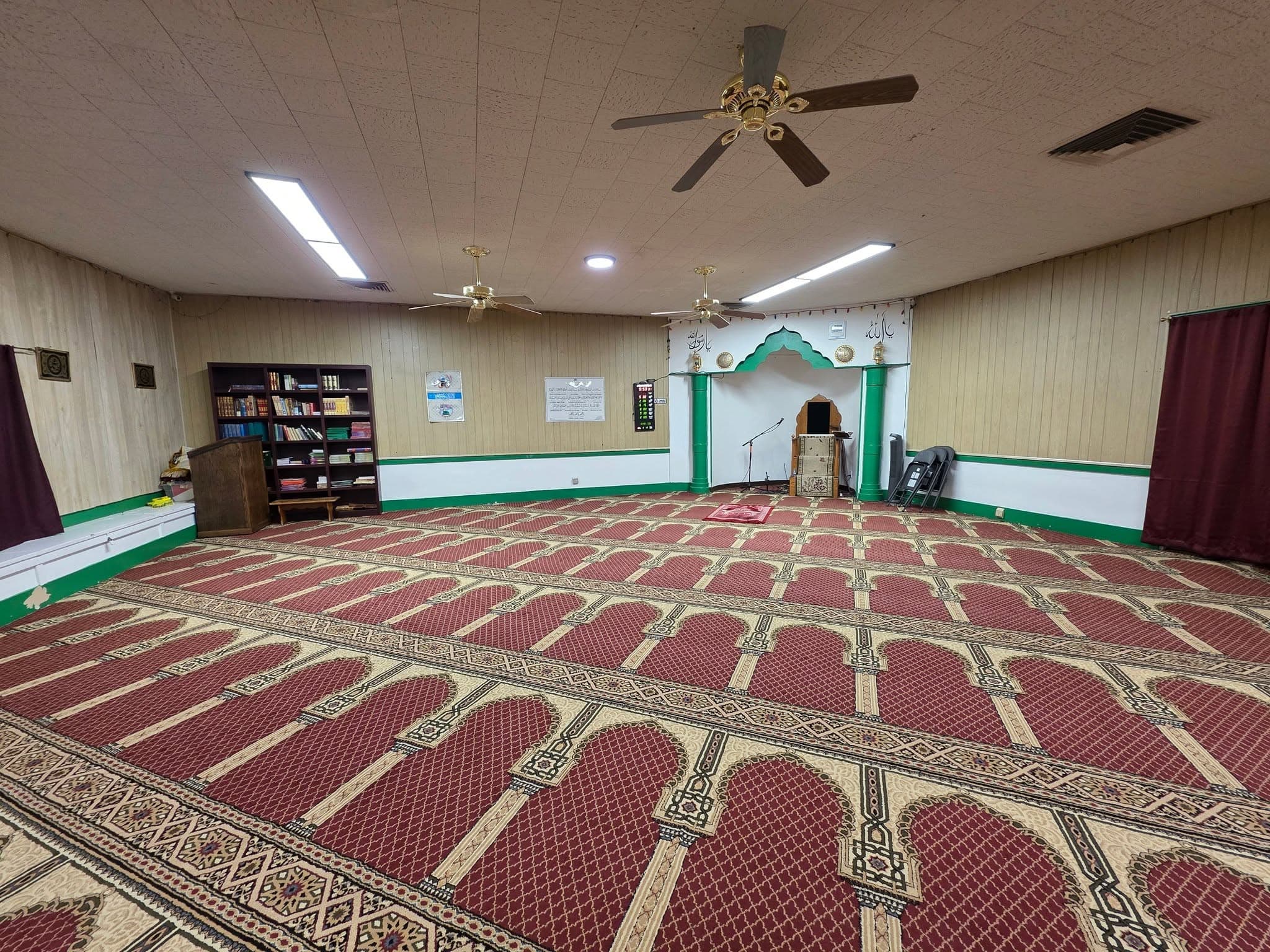 Carpeted prayer hall inside the Islamic Center of Live Oak