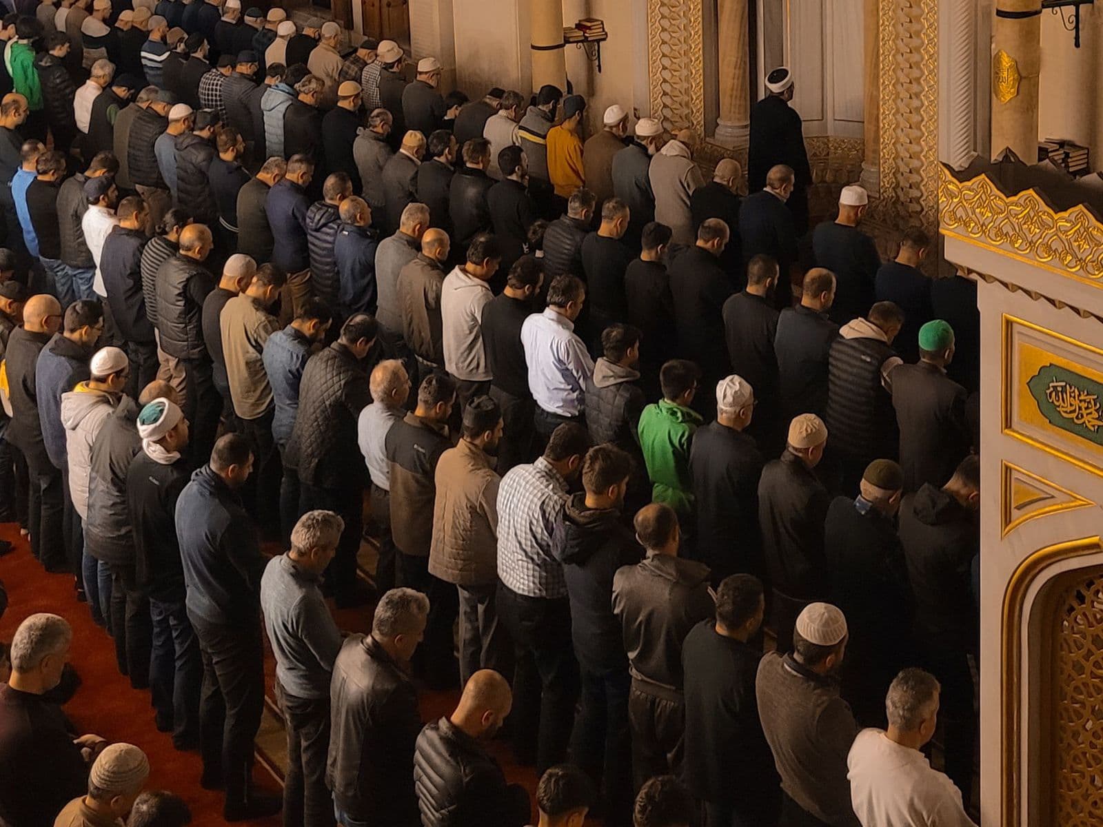 Worshippers standing side by side in rows for prayer in a mosque
